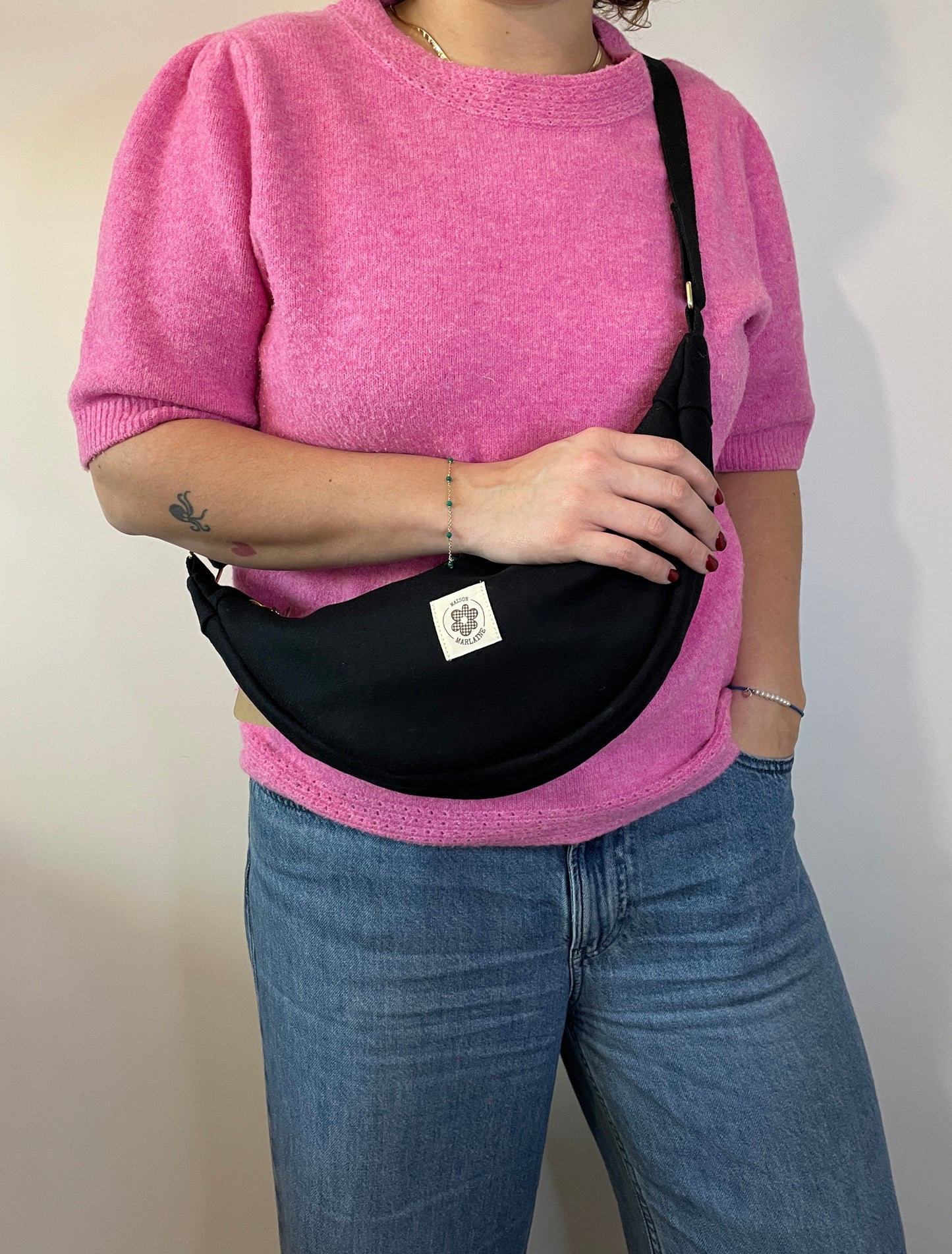 Sac demi lune Noir en laine bouillie