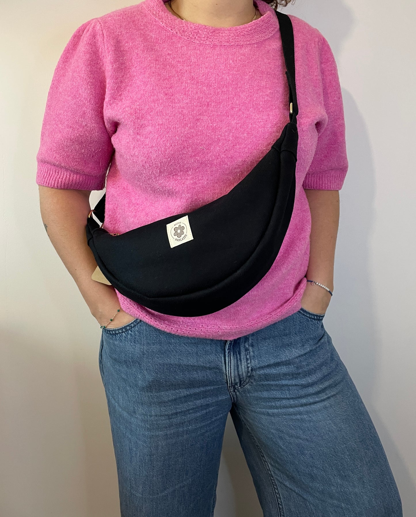 Sac demi lune Noir en laine bouillie