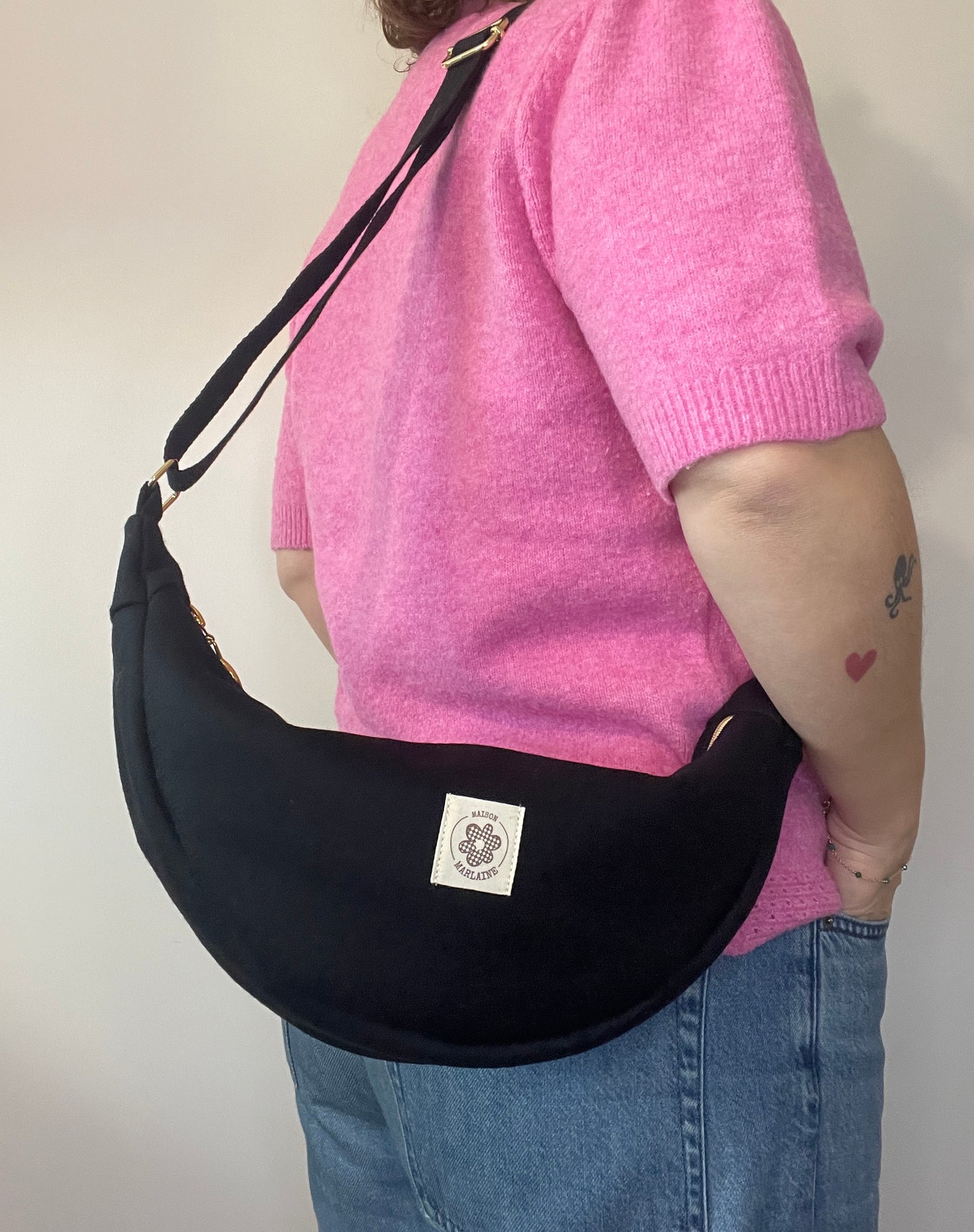 Sac demi lune Noir en laine bouillie